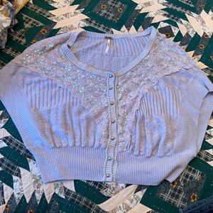 Free People Lavender Cardigan Crop Sweater W/Lace Silver Buttons EUC Size XSmall